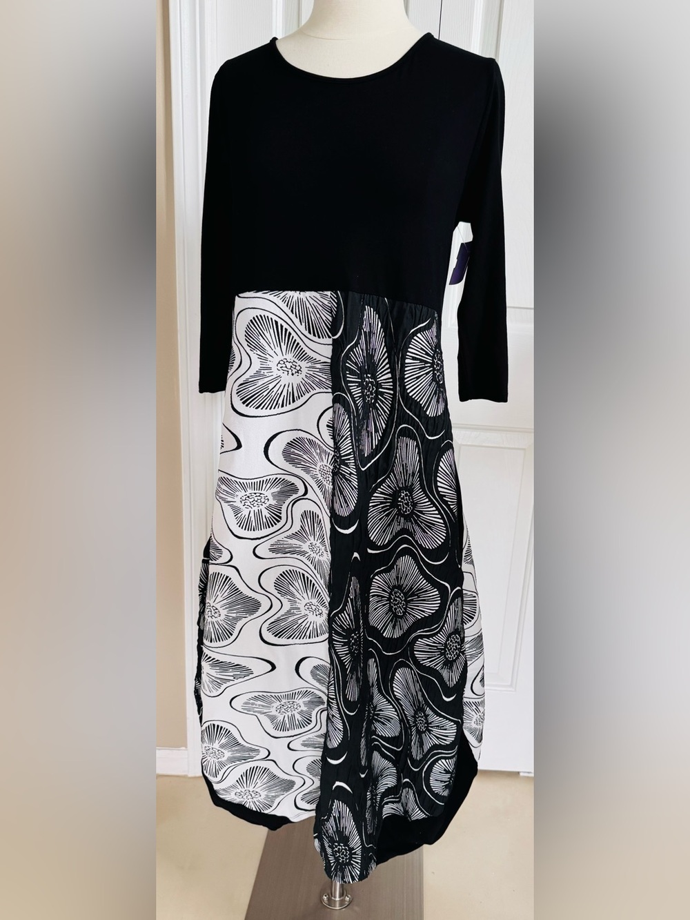 Black & White Floral Maxi Dress with Contrasting Panels